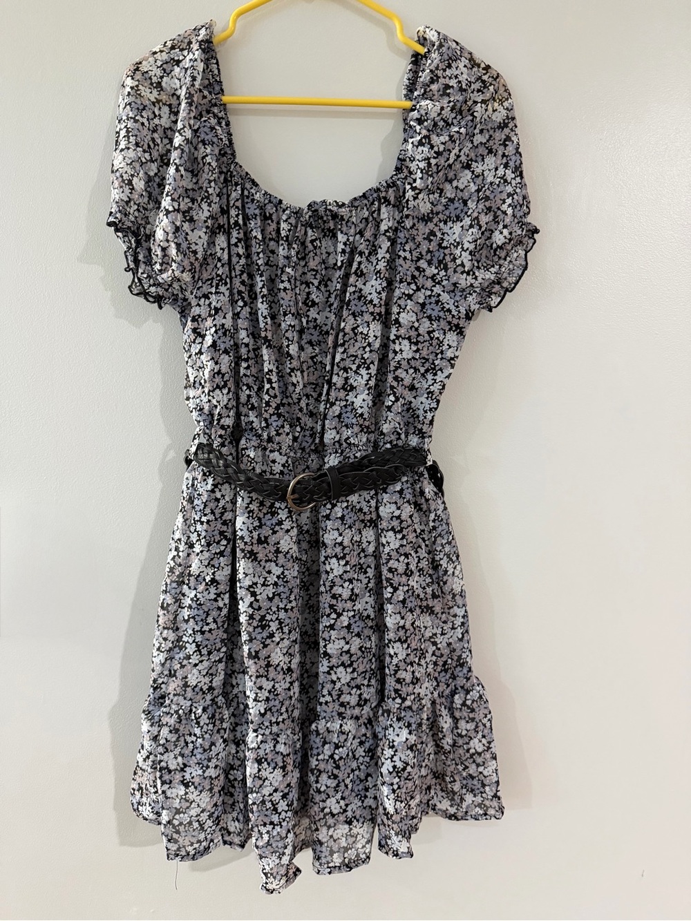 NWT Wallflower Black White Blue Floral Belt Ruffle Juniors XL Mini Boho SunDress
